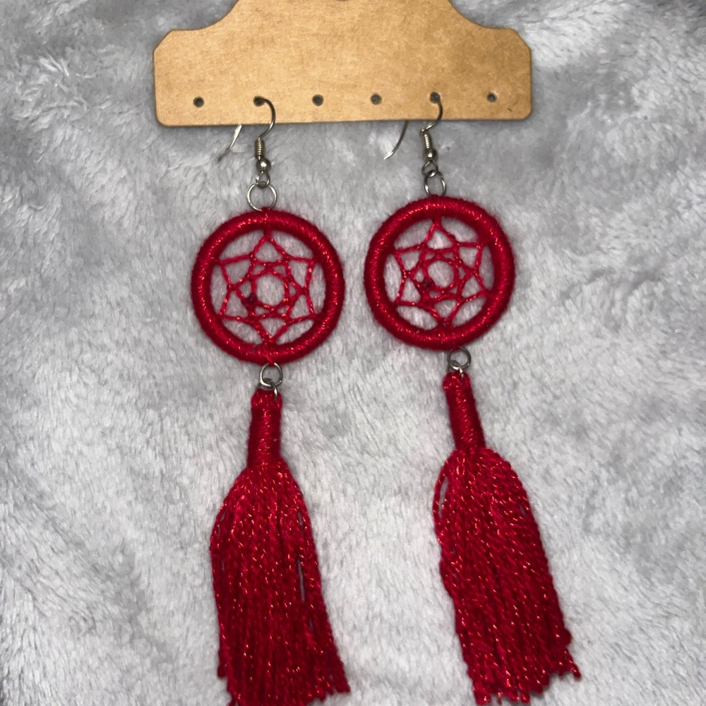 Vibrant Red Tassel Dreamcatcher Earrings